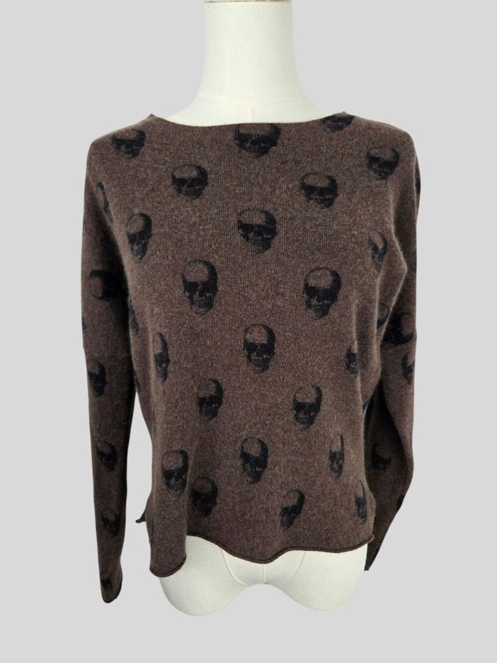 360 Cashmere Skull Print Wool & Cashmere Blend Sweater Size Small Brown